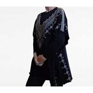 Johnny Was JWLA Poncho Embroidered Black Cotton Machine Wash sz XL V-neck